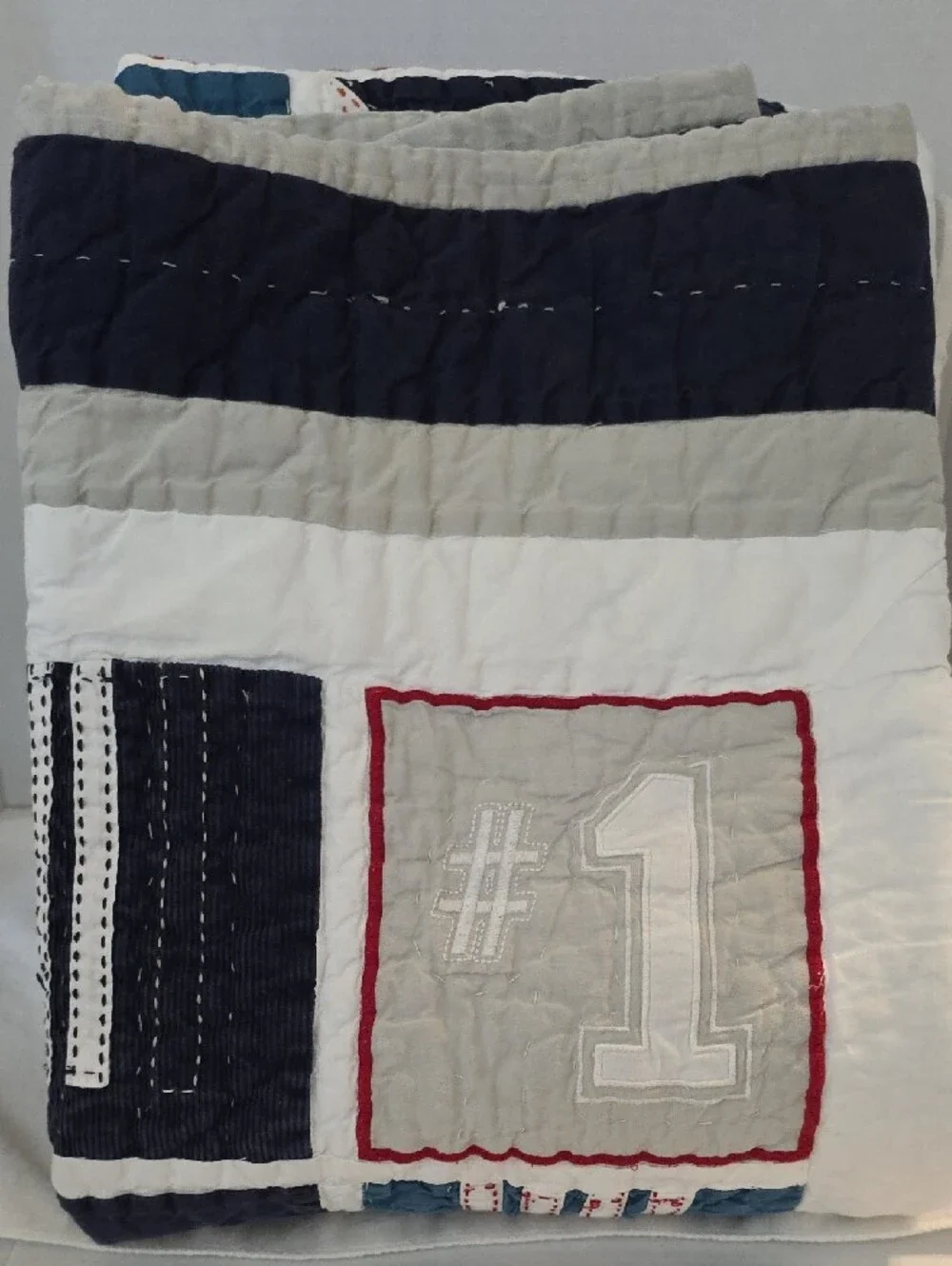 Pottery Barn Kids Junior Varsity Red Navy Sports Patchwork Quilted Toddler Crib